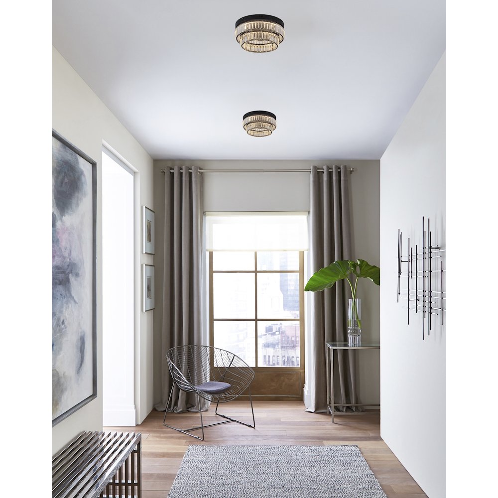 2-Light Satin Black Dimmable LED Flush Mount With Clear Crystals