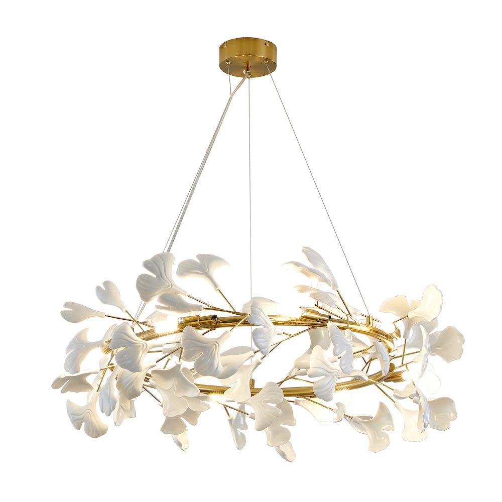 8-Light Brass Chandelier With Matte White Plastic Leaf Petals In A Round Shape
