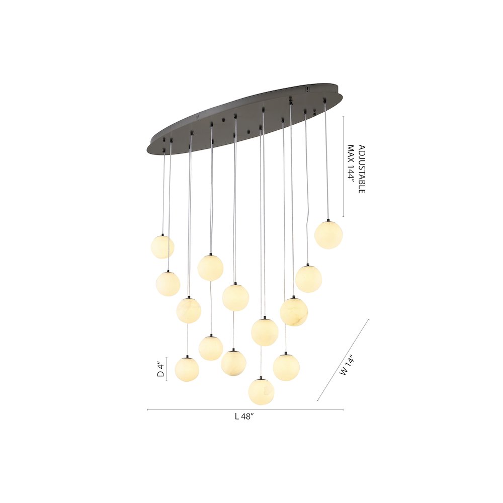 14-Light Black Stainless Steel Chandelier With Alabaster Pendants