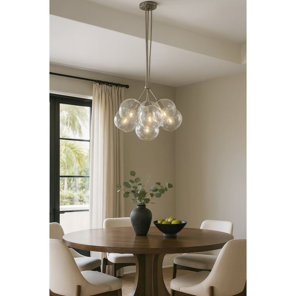 7-Light Satin Nickel Chandelier With Droplet Clear Glass Shades