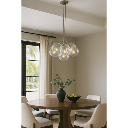 7-Light Satin Nickel Chandelier With Droplet Clear Glass Shades