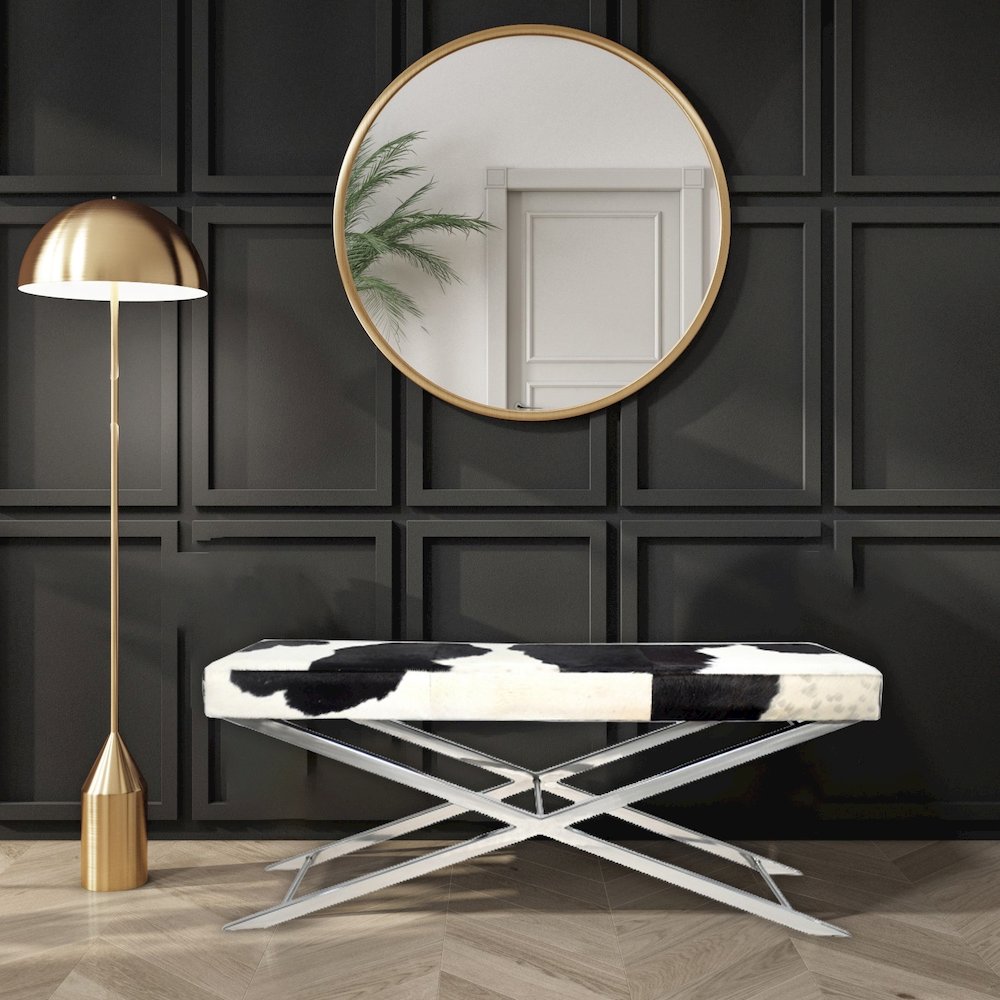Chrome Stainless Steel Bench With Black And White Hairline Leather