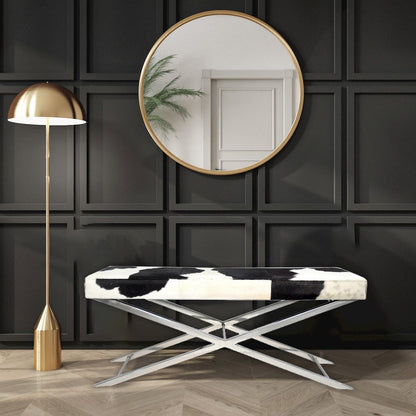 Chrome Stainless Steel Bench With Black And White Hairline Leather