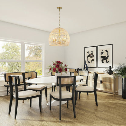 5-Light Brass Chandelier With A Natural White Wood Vine Basket Shade