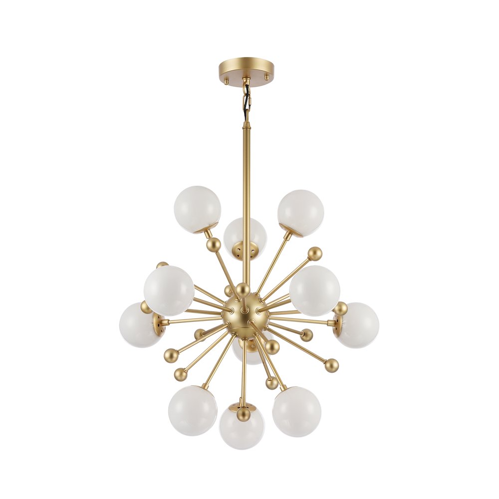 11-Light Gold Spike Chandelier With White Glass Globe Shades