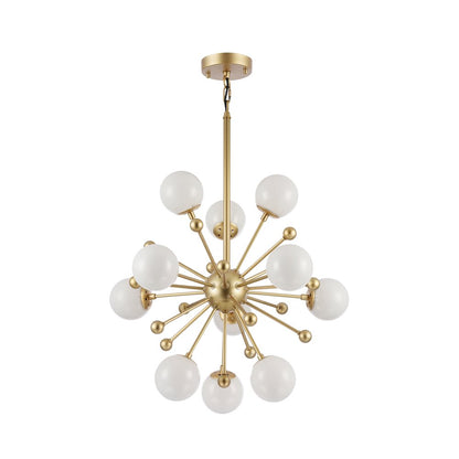 11-Light Gold Spike Chandelier With White Glass Globe Shades