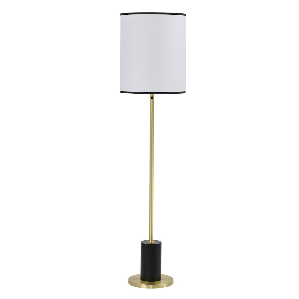 2-Light Black And Satin Brass Floor Lamp With A White Linen Shade
