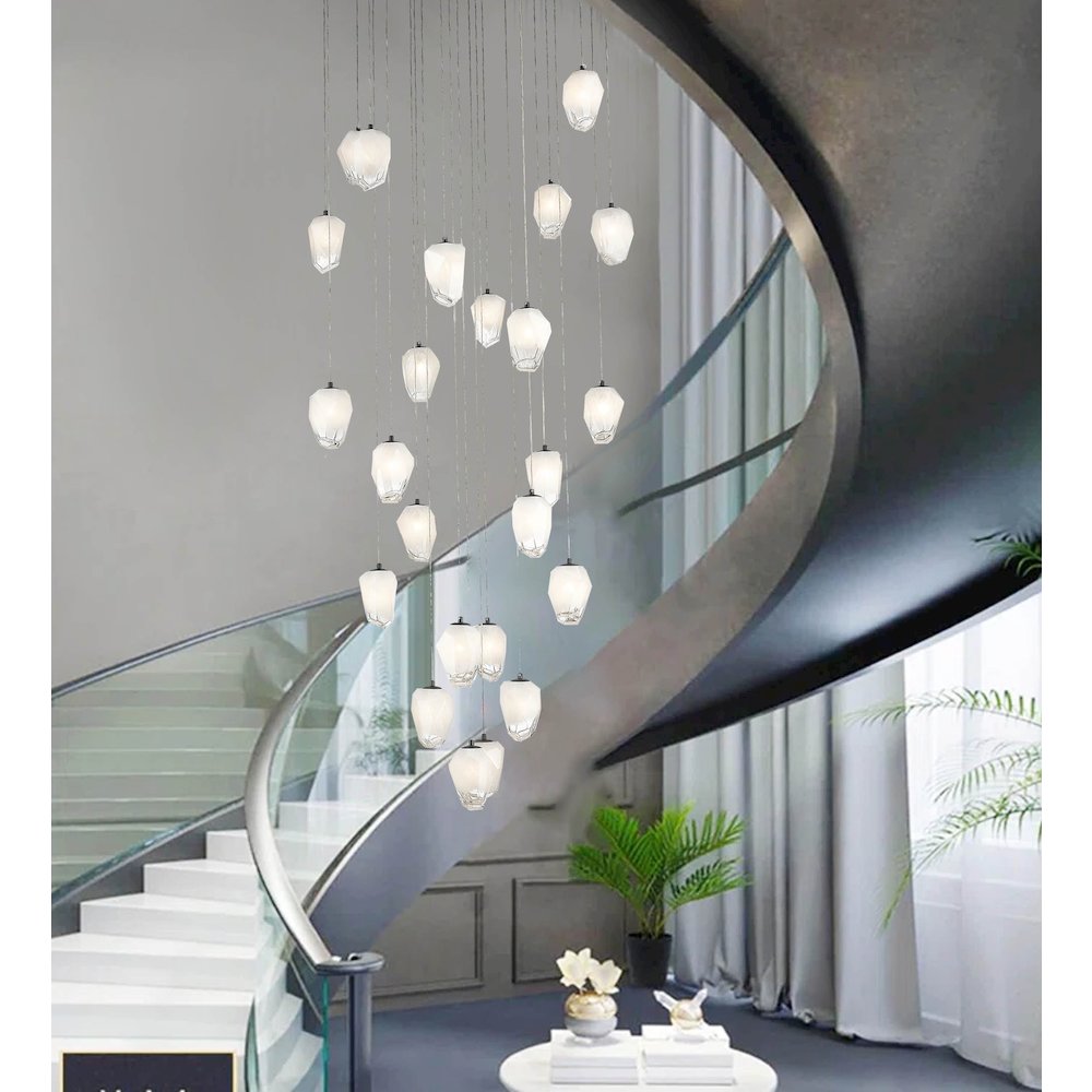 24-Light Black Chandelier With White Glass Pendants