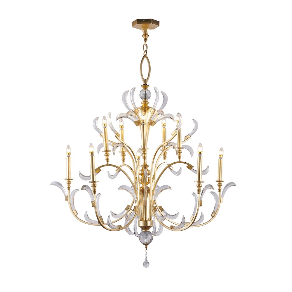 10-Light Gold Metal Leaf Chandelier With Clear Crystals