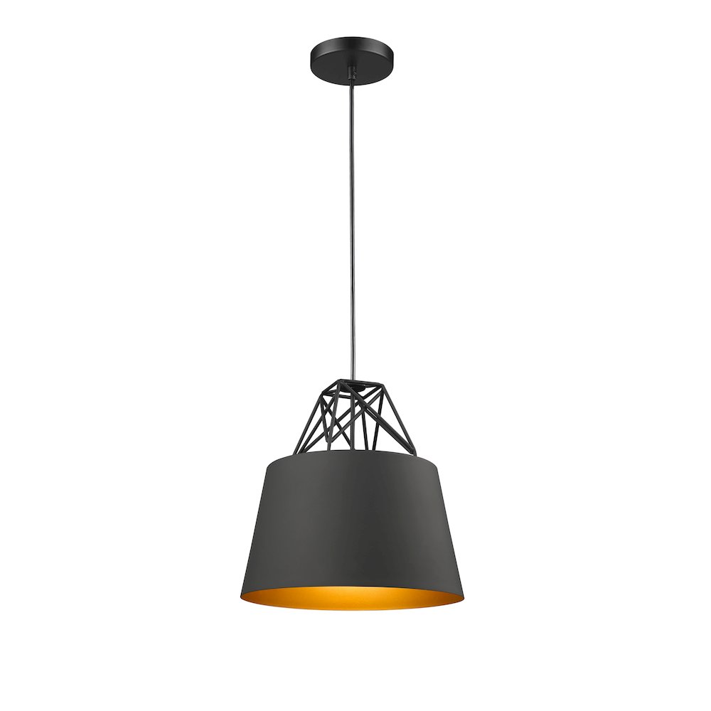 1-Light Black Metal Shade Pendant With A Gold Interior