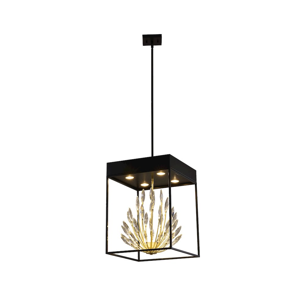 4-Light Matte Black Pendant With Gold Branches And Clear Crystals