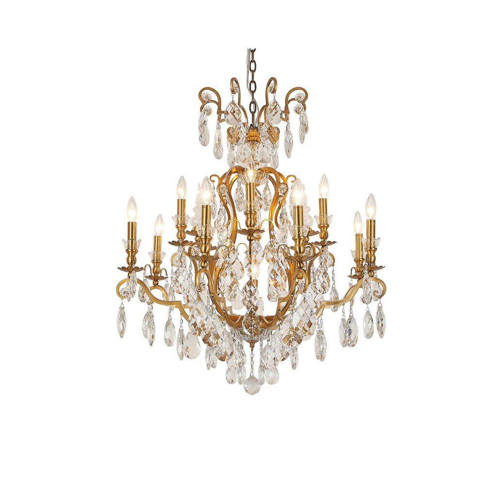 13-Light Antique Brass Chandelier With Clear Crystals