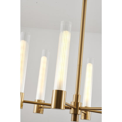 6-Light Brass Chandelier With Ribbed Clear Glass Shades