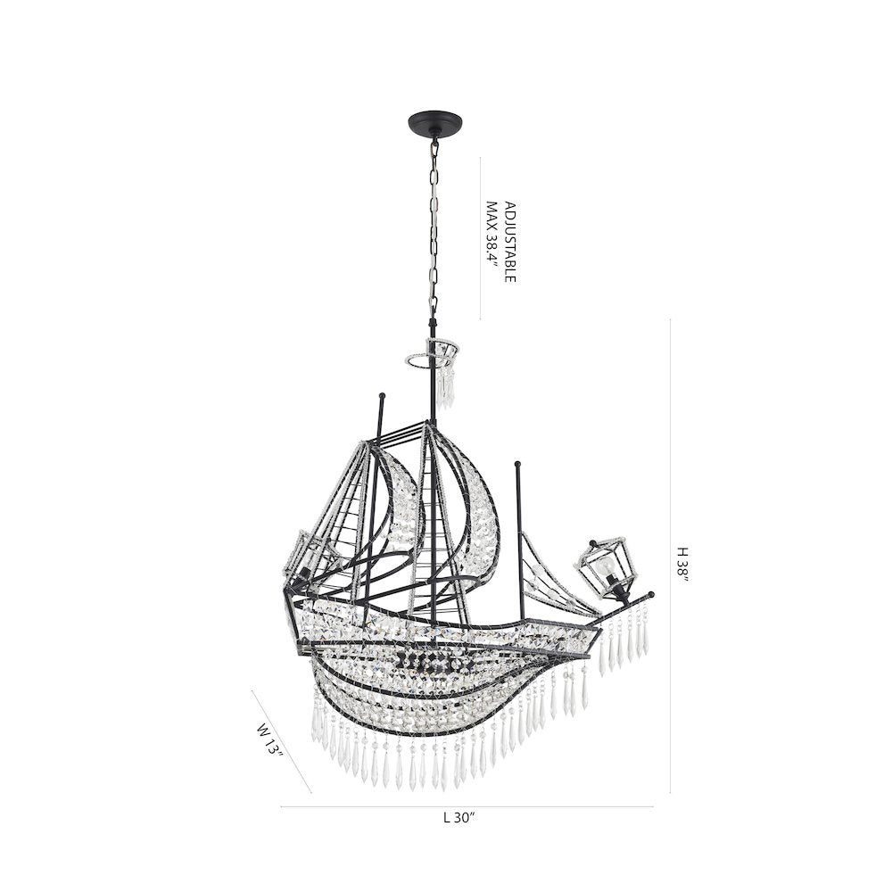 4-Light Matte Black Iron Chandelier With Clear Crystals