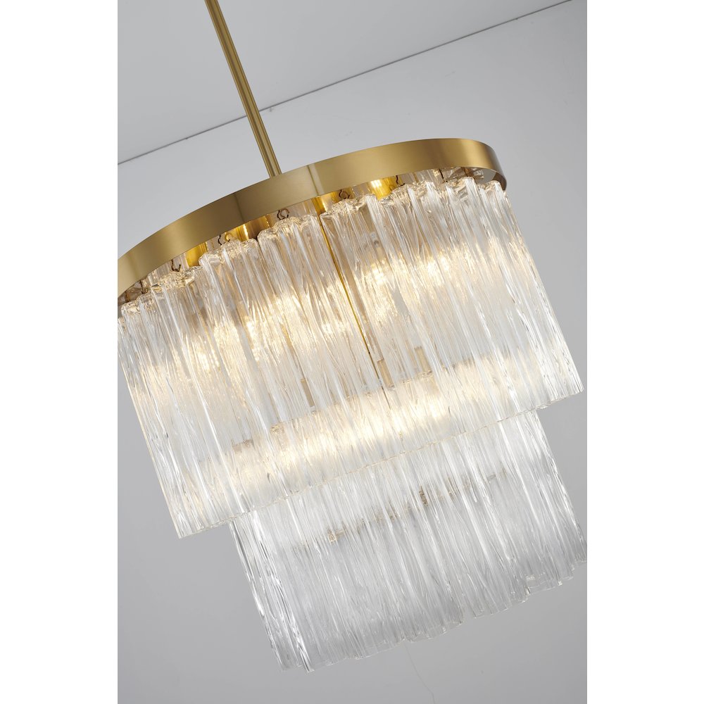 12-Light Satin Brass Metal Chandelier With Clear Ribbed Glass