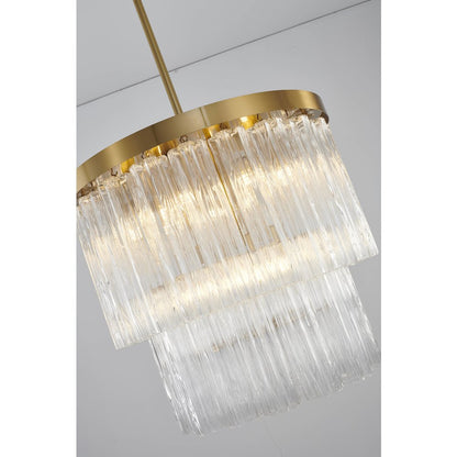 12-Light Satin Brass Metal Chandelier With Clear Ribbed Glass