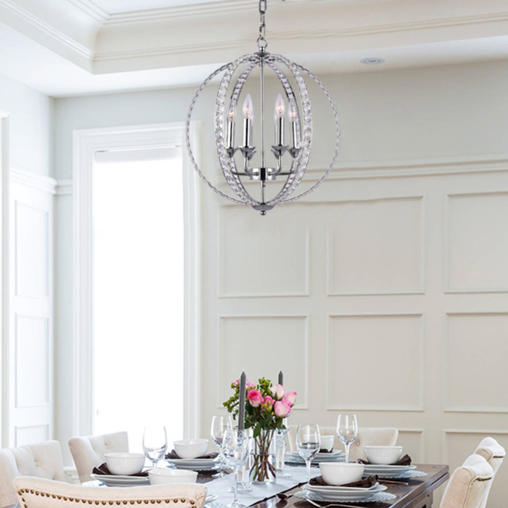 6-Light Chrome Metal Chandelier With Clear Crystals