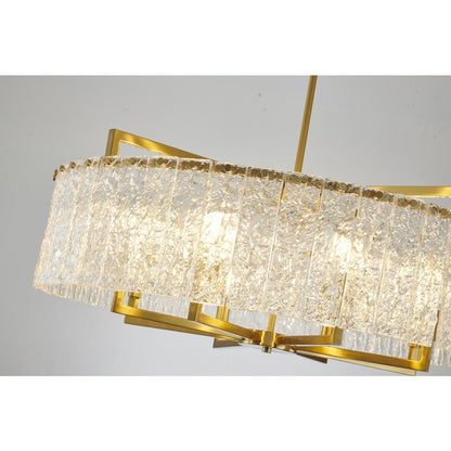 8-Light Brass Chandelier With Hanging Clear Rippled Glass