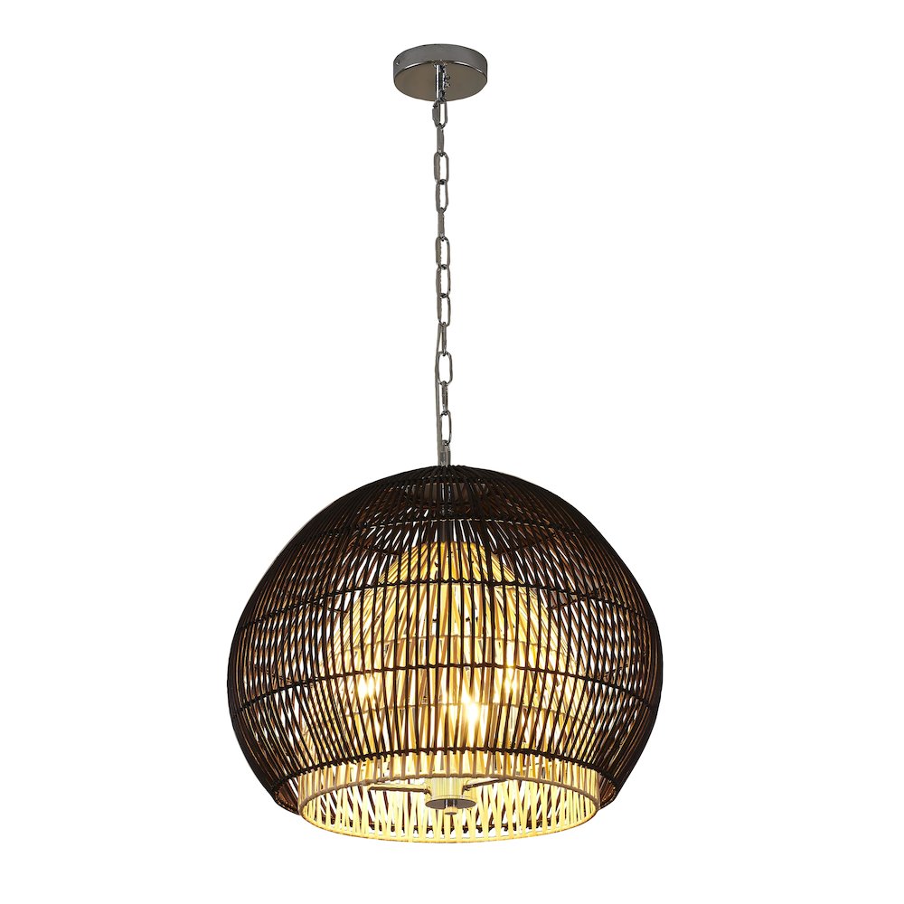 3-Light Chrome Chandelier With Black And Natural Wood Shade