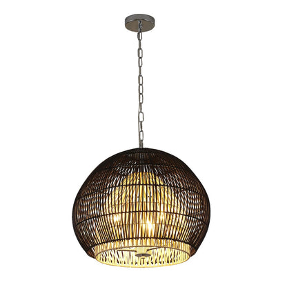 3-Light Chrome Chandelier With Black And Natural Wood Shade