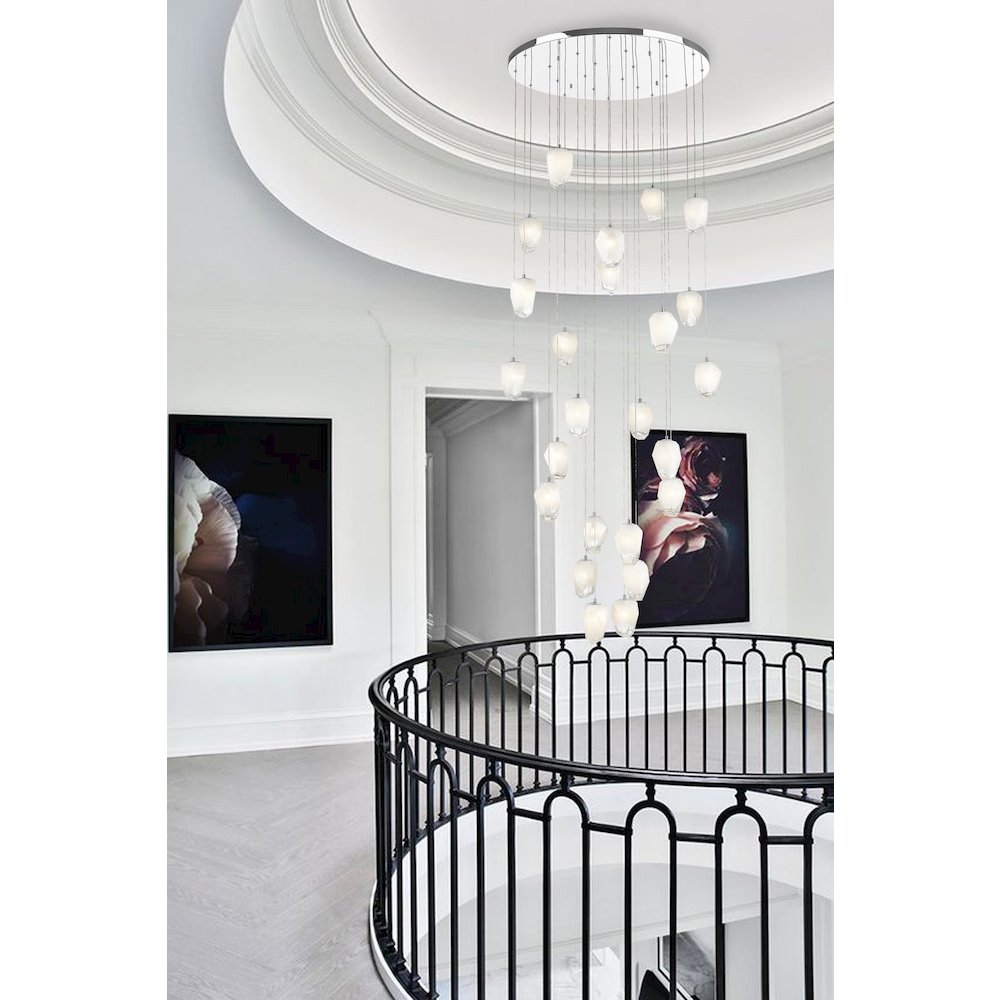 24-Light Chrome Chandelier With White Glass Pendants