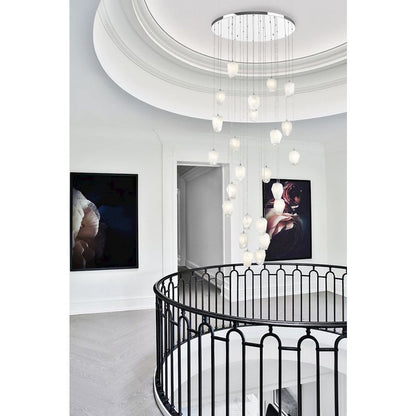 24-Light Chrome Chandelier With White Glass Pendants