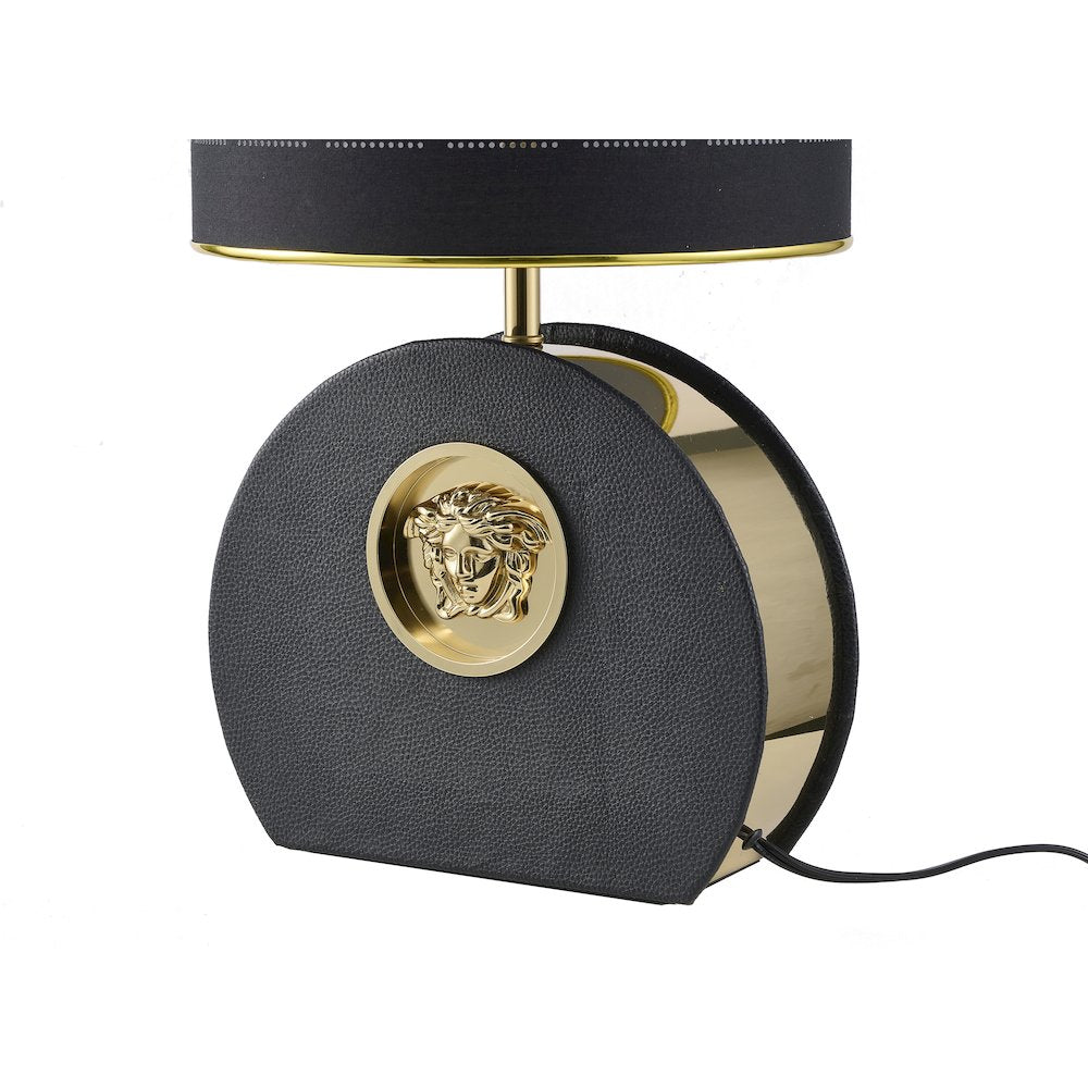 1-Light Black Iron Table Lamp With Leather Cover On Base And A Fabric Shade