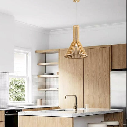 1-Light Natural Wood Single Pendant With A Black Fabric Cord