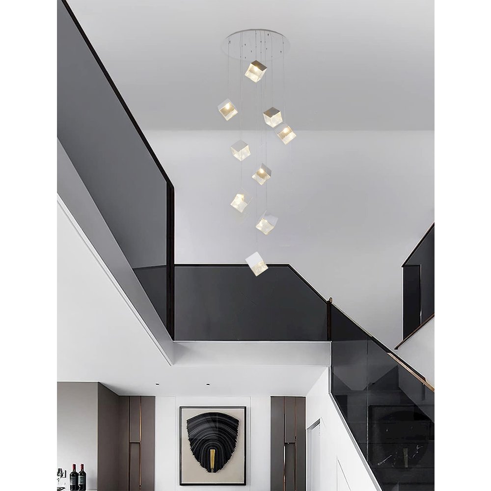 9-Light Chrome Cubed Chandelier With A Clear Distorted Glass Shades