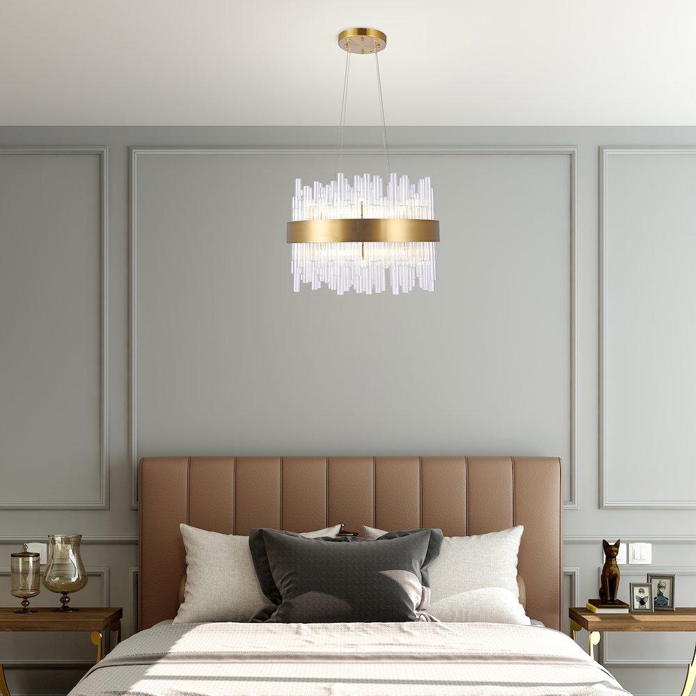 24-Light Matte Brass Chandelier With Clear Glass Rods