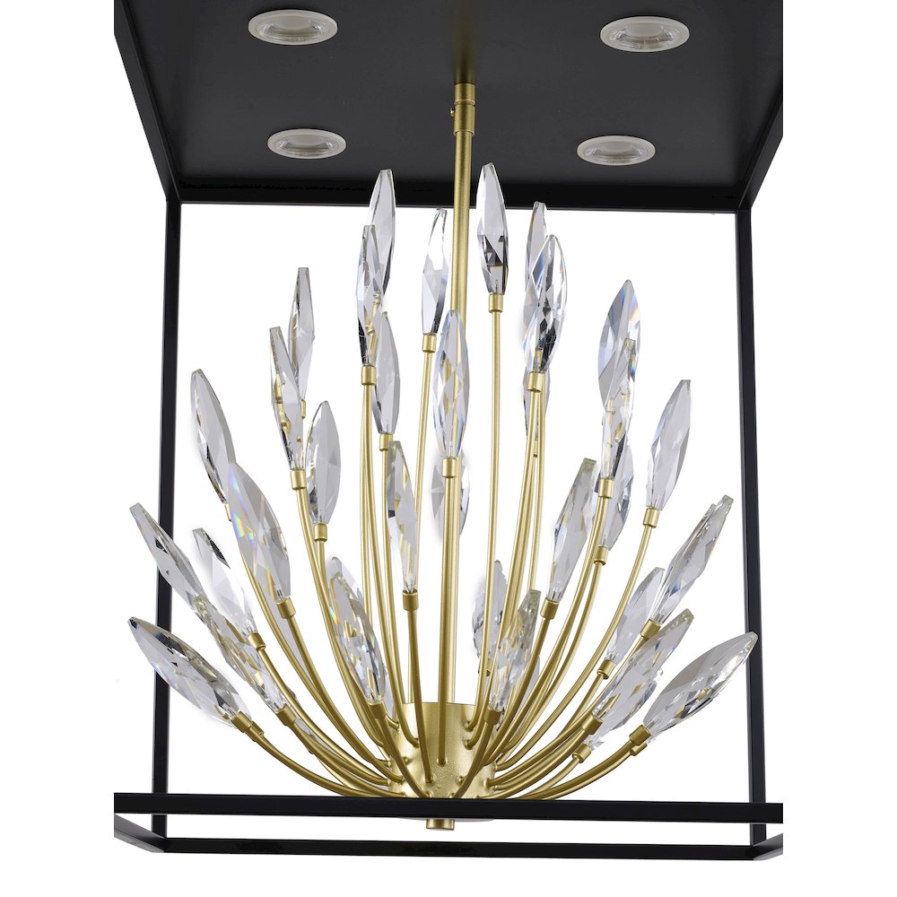 4-Light Matte Black Pendant With Gold Branches And Clear Crystals
