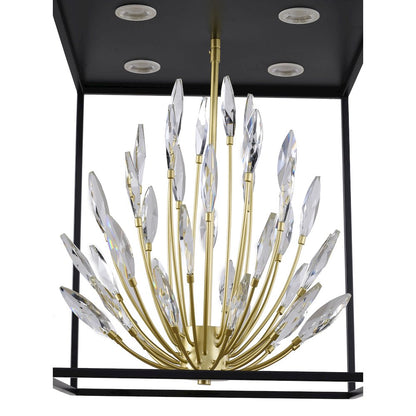 4-Light Matte Black Pendant With Gold Branches And Clear Crystals