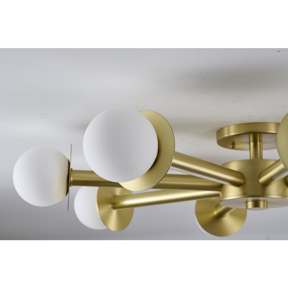 8-Light Satin Brass Flush Mount With White Glass Globe Shades