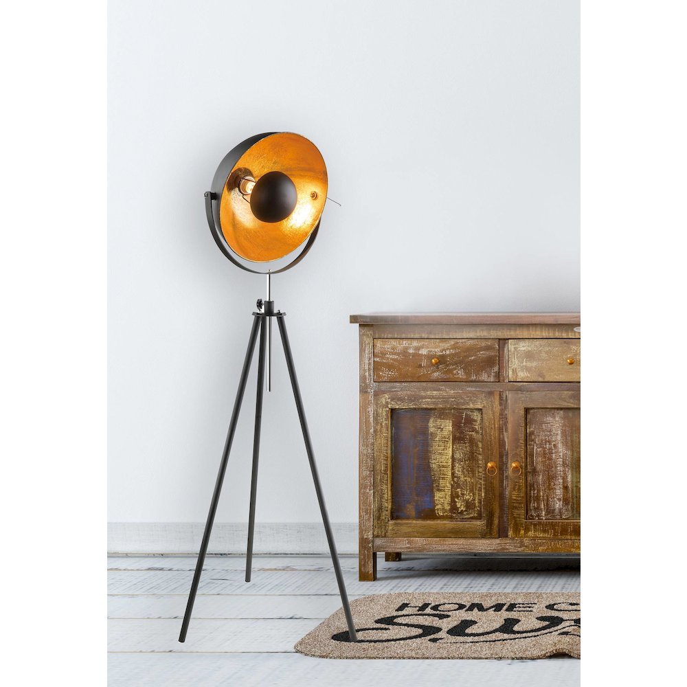 1-Light Black Metal Floor Lamp With A Gold Leaf Interior Shade