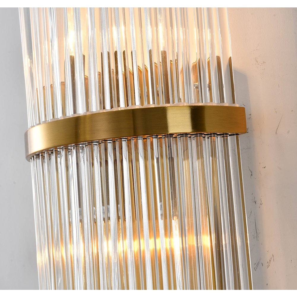 2-Light Antique Brass Metal Wall Sconce With Clear Glass Rods