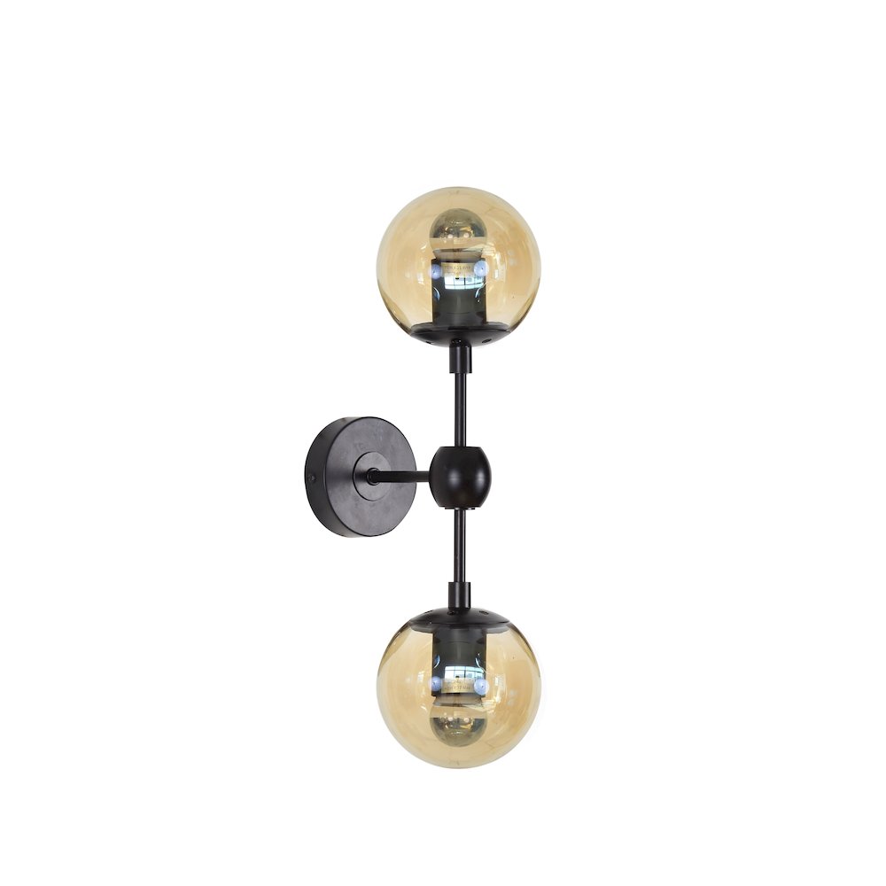 2-Light Black Iron Wall Sconce With Amber Glass Shades