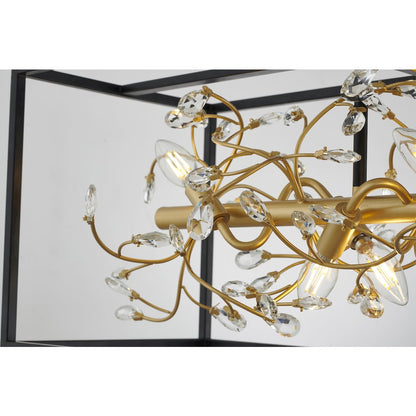 8-Light Black Cage Chandelier With Gold Branch And Clear Crystals