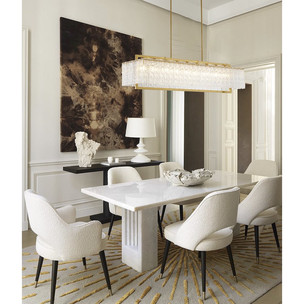 9-Light Brass Chandelier With Hanging Clear Rippled Glass