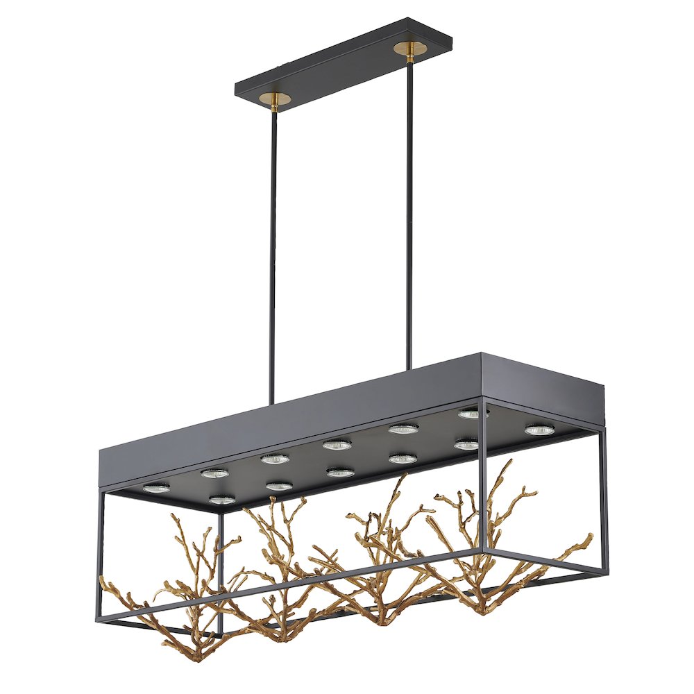 12-Light Matte Black Pendant With Gold Branch Accents