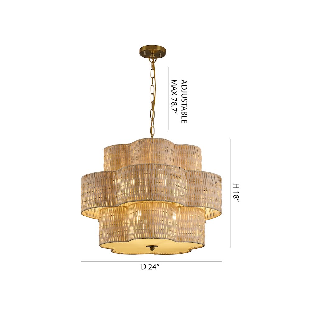 6-Light Brass Chandelier With A Nature Rattan Waved Basket Shade