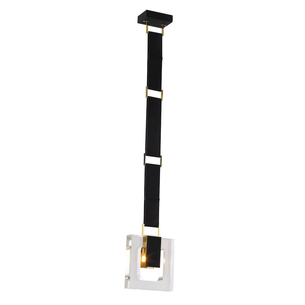 1-Light Black Leather Strap Pendant With A Clear Crystal Block