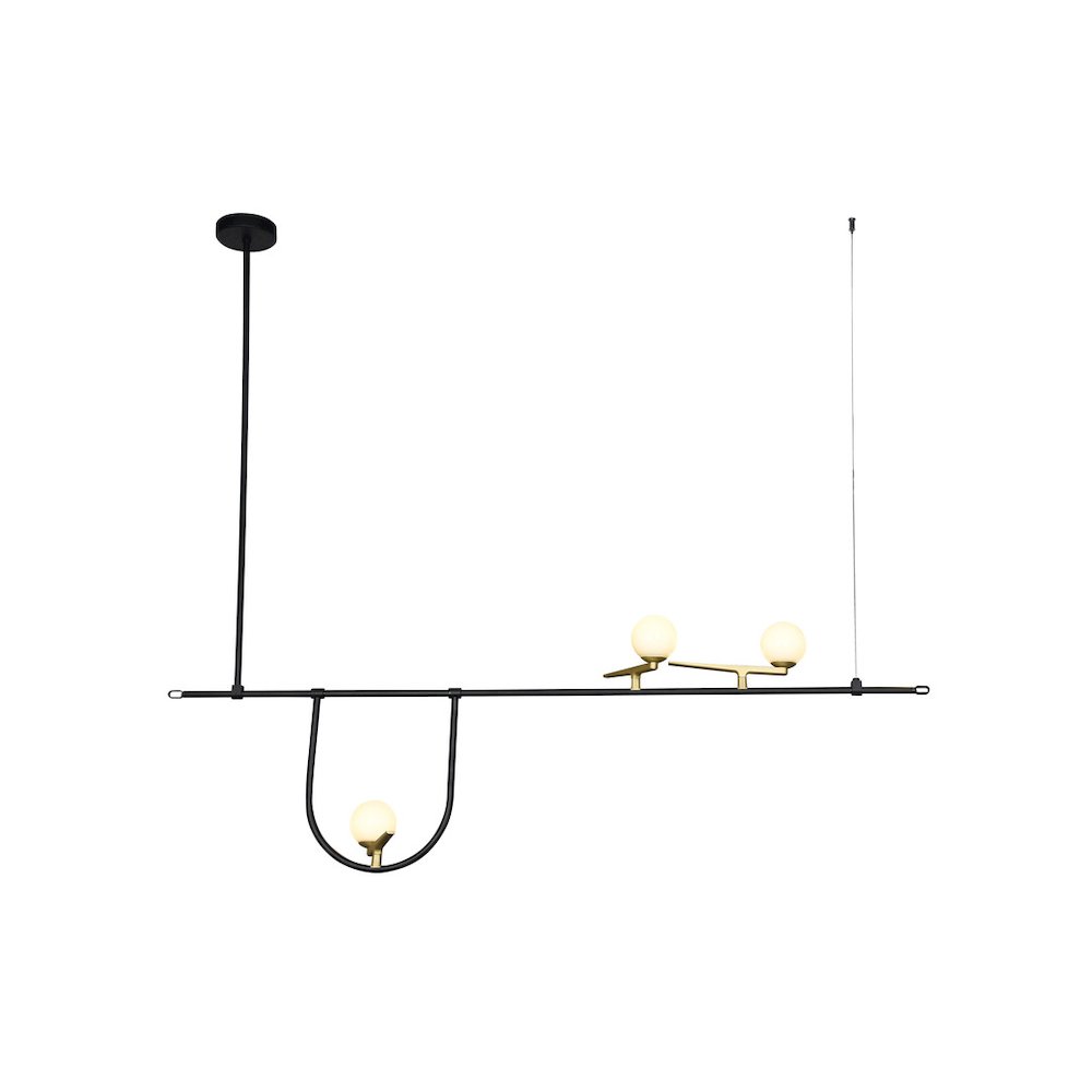3-Light Black Metal Chandelier With White Glass Shades