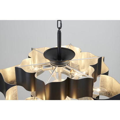 12-Light Matte Black Iron Chandelier With A Silver Leaf Interior