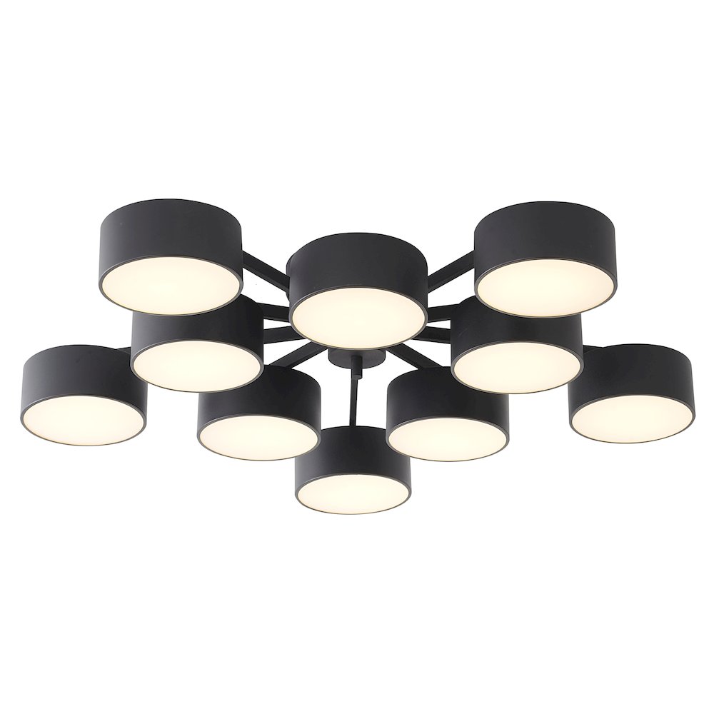 10-Light Black LED Semi Flush Mount With Black Shades / White Frosted Diffusers