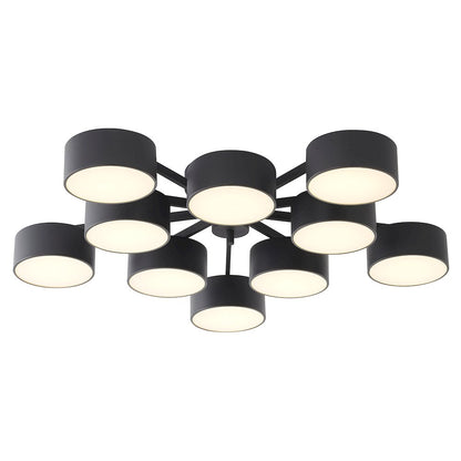 10-Light Black LED Semi Flush Mount With Black Shades / White Frosted Diffusers