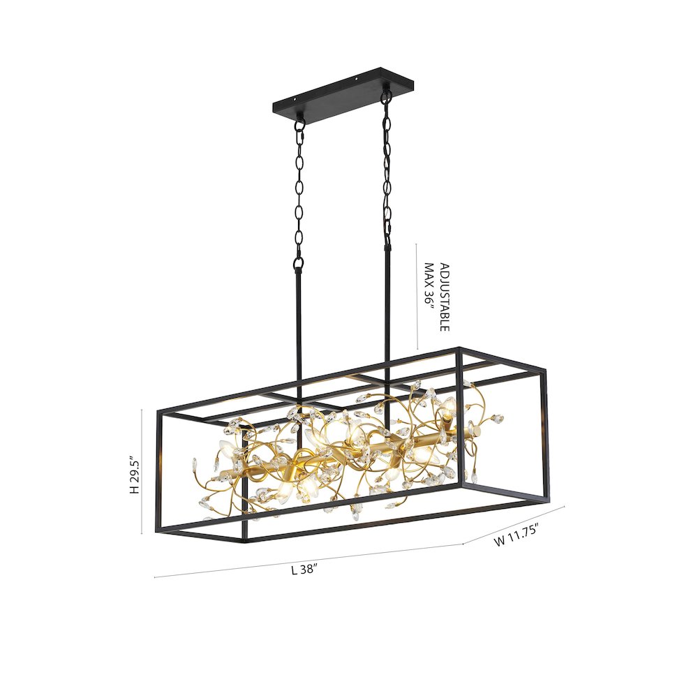 8-Light Black Cage Chandelier With Gold Branch And Clear Crystals