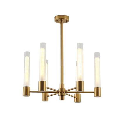 6-Light Brass Chandelier With Ribbed Clear Glass Shades