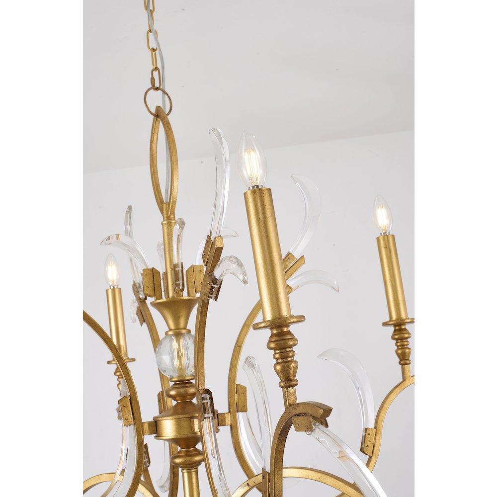 6-Light Gold Metal Leaf Chandelier With Clear Crystals