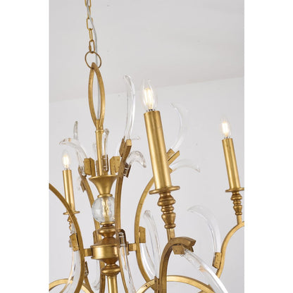 6-Light Gold Metal Leaf Chandelier With Clear Crystals