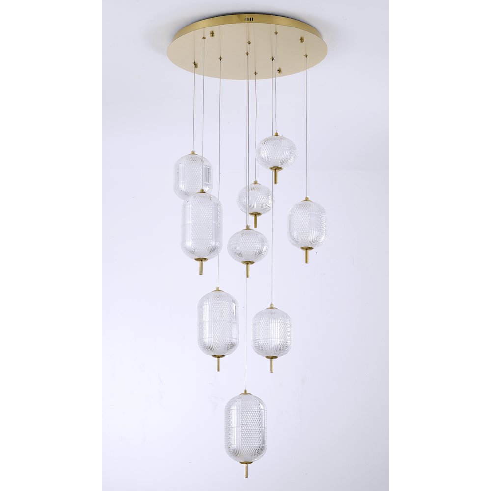 9-Light Flushed Brass Dimmable LED Chandelier With Hanging Clear  PC shades